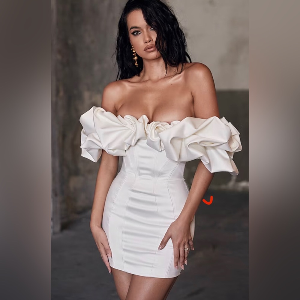 House of CB Selena dress Ivory open shoulder ruffles